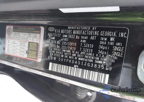 2018 Kia Sorento 3.3L Sxl z USA, uszkodzony, nr VIN 5XYPKDA51JG383579